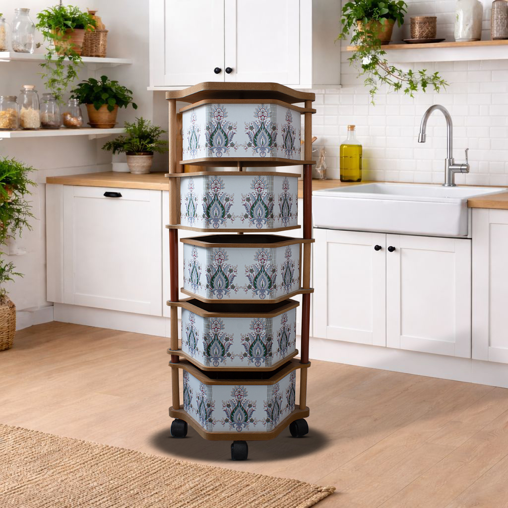 HanemHome 5 Katlı Tekerlekli Ahşap Sebzelik ve Çok Amaçlı Mutfak Düzenleyici