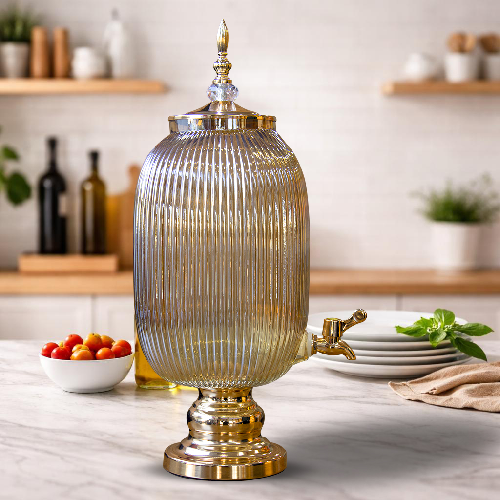 Cam Sebil – Musluklu Cam İçecek Dispenseri Gold Detaylı (Vintage Tasarım)